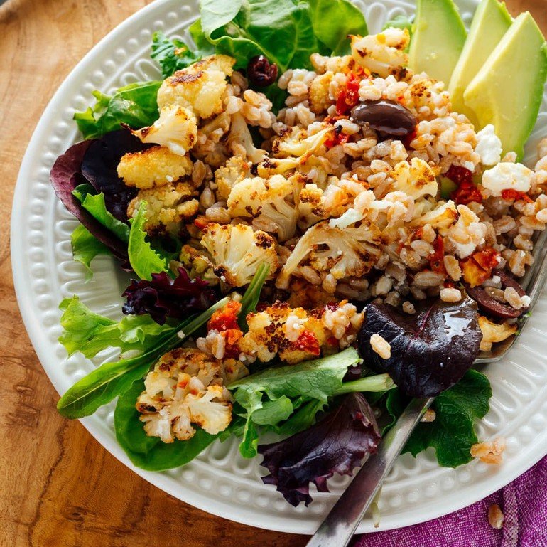 Roasted Cauliflower and Farro Salad with Feta and Avocado