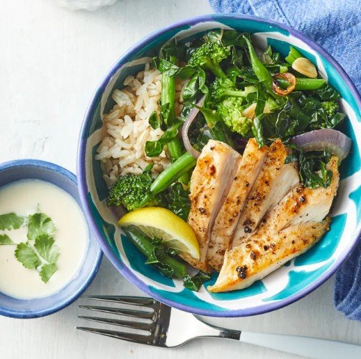 Green Veggie Bowl with Chicken & Lemon-Tahini Dressing