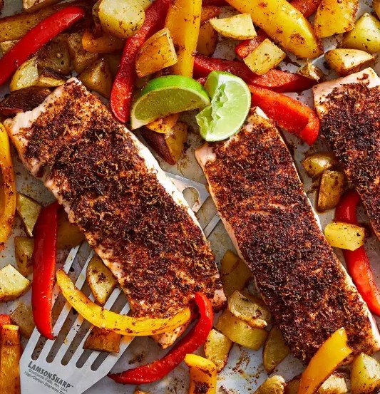 Sheet-Pan Chili-Lime Salmon with Potatoes & Peppers