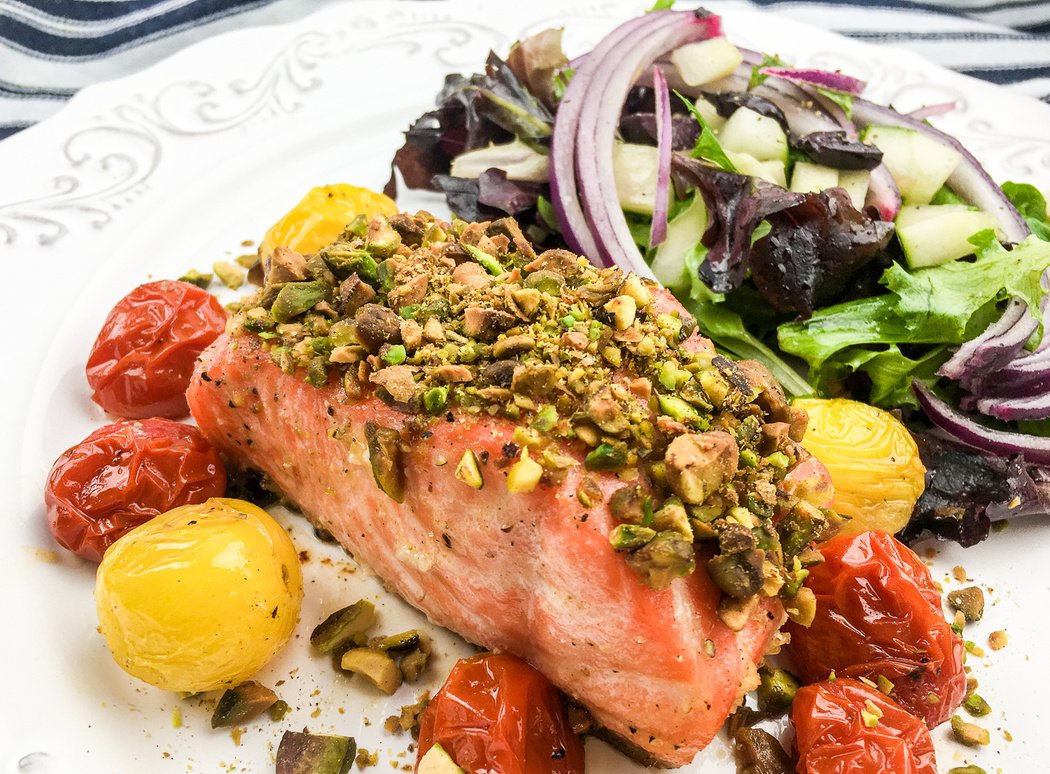 Pistachio-Crusted Salmon with Blistered Cherry Tomatoes Recipe